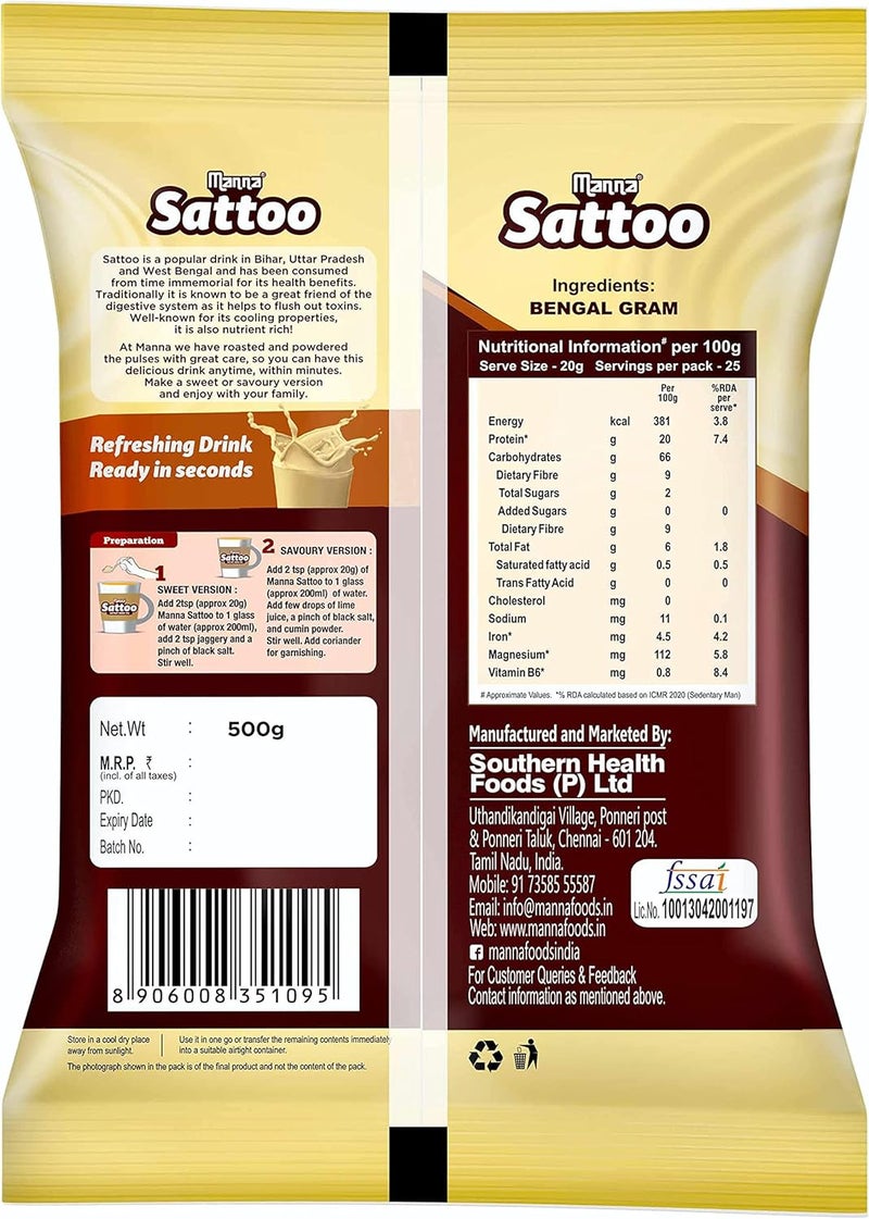 Manna Sattu/Sattoo Drink Mix - 100% Bengal Gram, High Protein & Fibre, 1 Kg (500g x 2 Packs) - Image 2